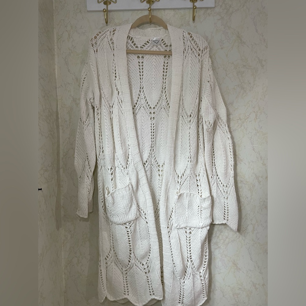Freshman White Knit Cardigan with Open Knit Detailing